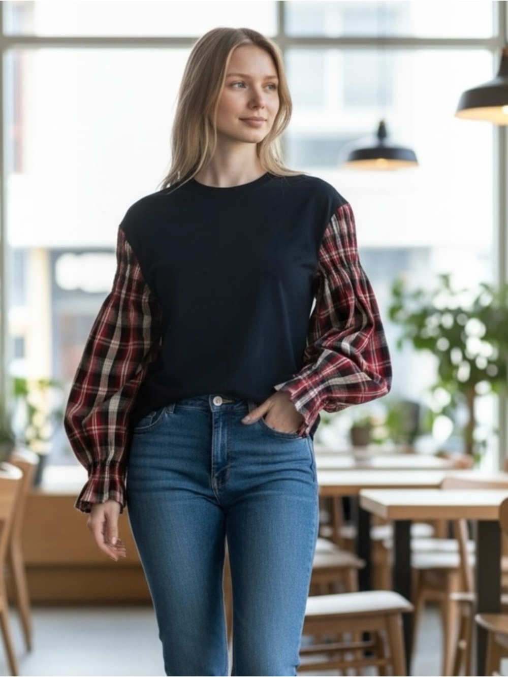 Tommy Hilfiger Women Mixed Media Tartan Balloon Plaid Sleeve Crewneck Top Size M
